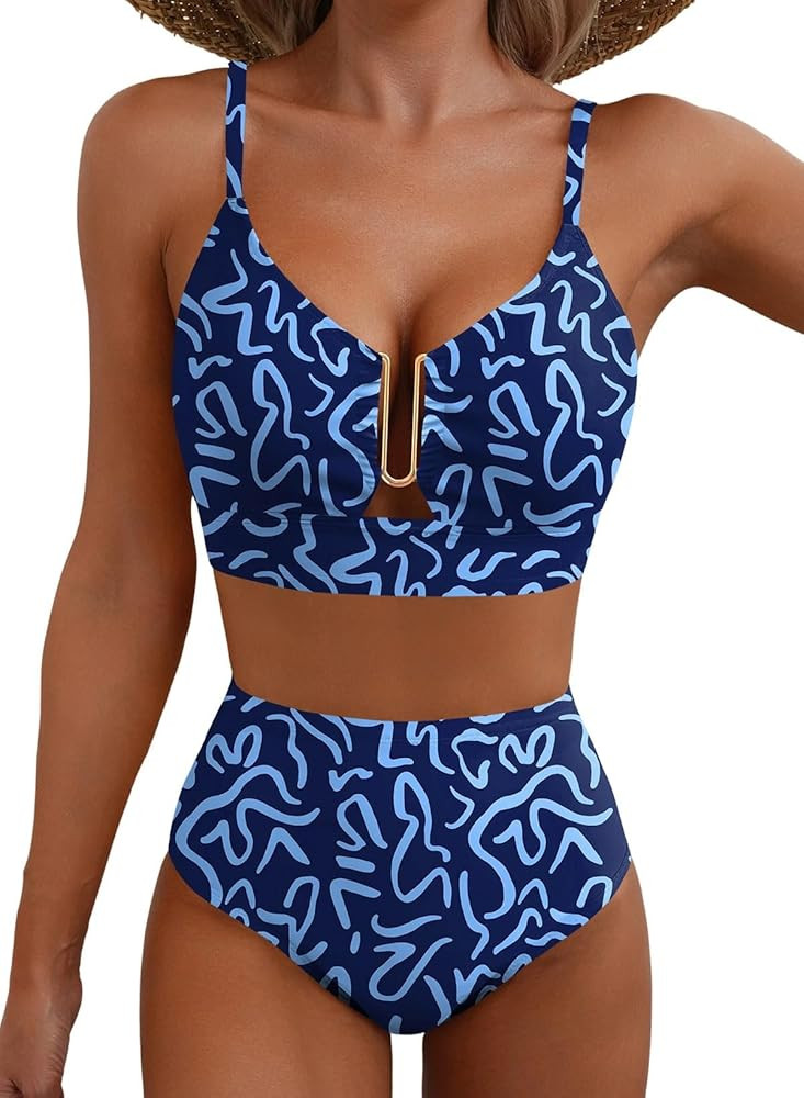 Herseas Womens 2 Piece High Waisted U Wire Bikini Set Floral Print Swimsuit Crisscross Back Bathi... | Amazon (US)