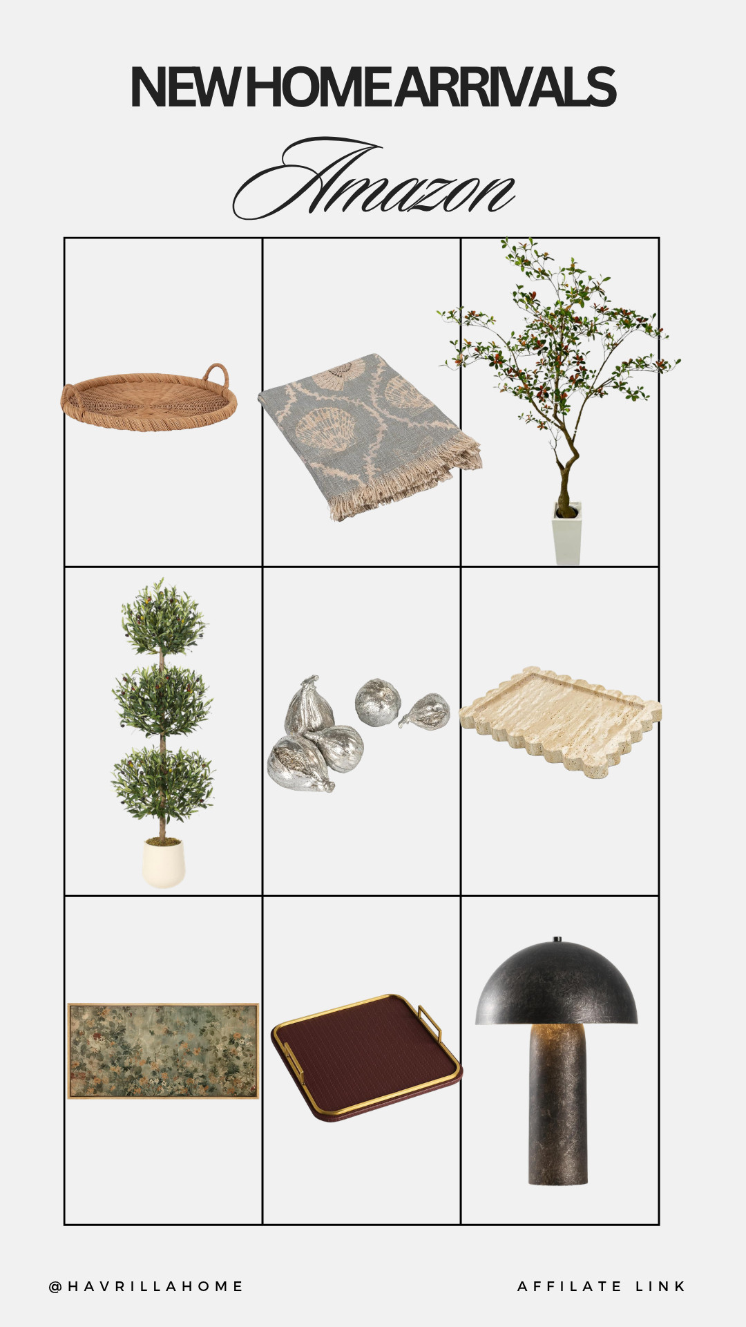 Amazon new home arrivals amazon, amazon home finds 2026, neutral home accessories, decorative trays wood, patterned throw blanket neutral, faux olive tree indoor, sculptural table lamp black, wall art landscape neutral, serving tray modern, home decor refresh ideas

#LTKHome