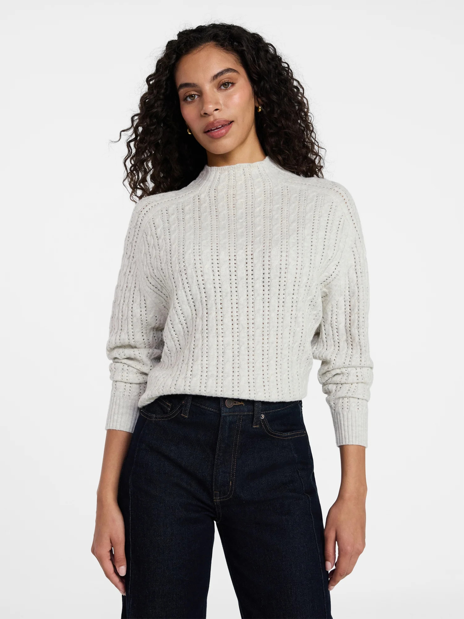 Time and Tru Women's Pointelle Mock Neck Sweater with Long Sleeves, Lightweight, Sizes, XS-XXXL | Walmart (US)