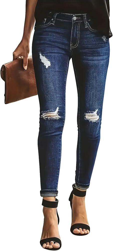 Allimy Women's High Rise Skinny Stretch Ripped Jeans High Waisted Destroyed Denim Pants | Amazon (US)