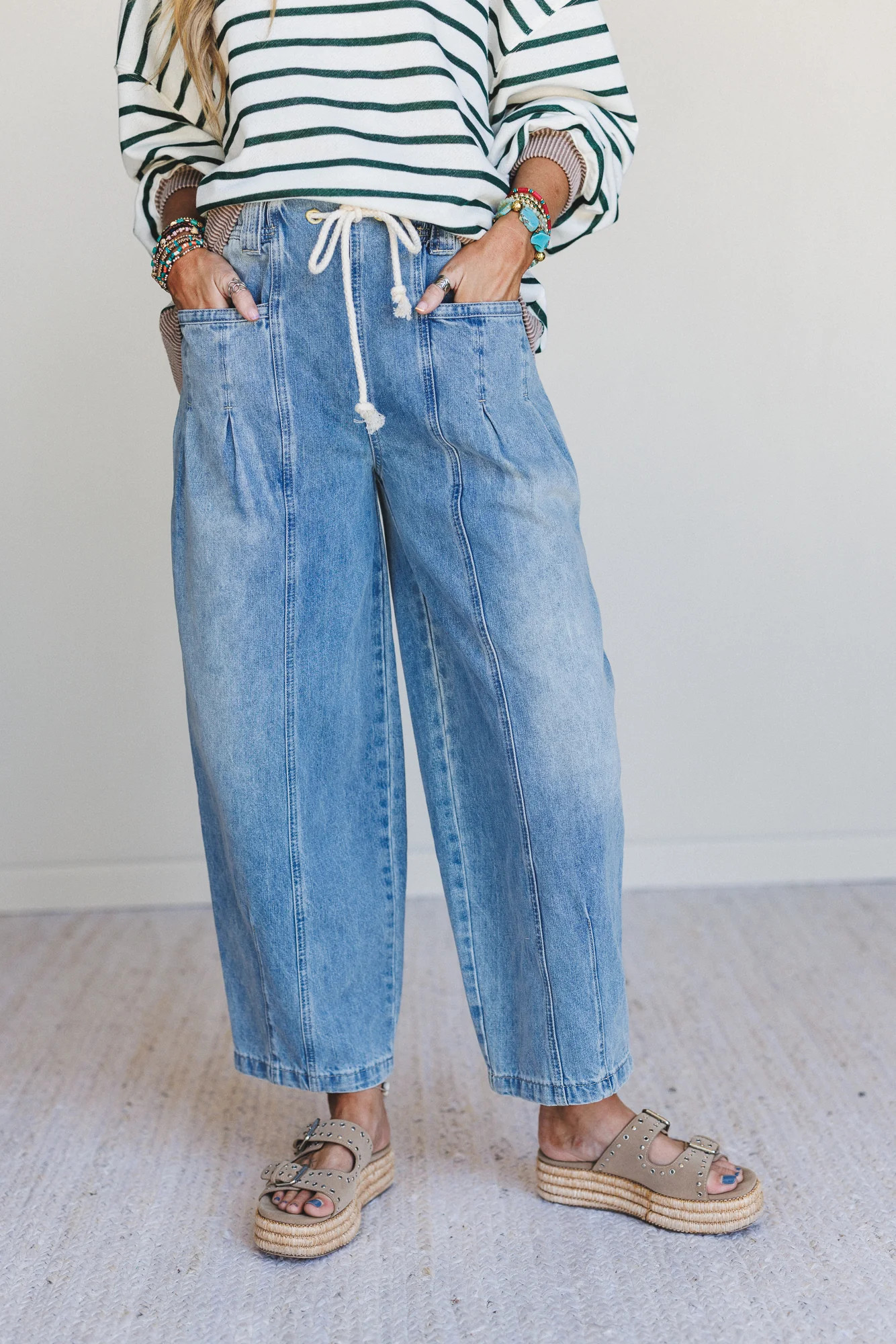 Soho City Drawstring Barrel Jeans - Denim | Three Bird Nest