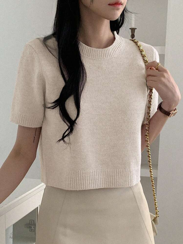 DAZY Solid Color Round Neck Short Sleeve Fitted Cropped Casual Knit Top For Women, Summer | SHEIN
