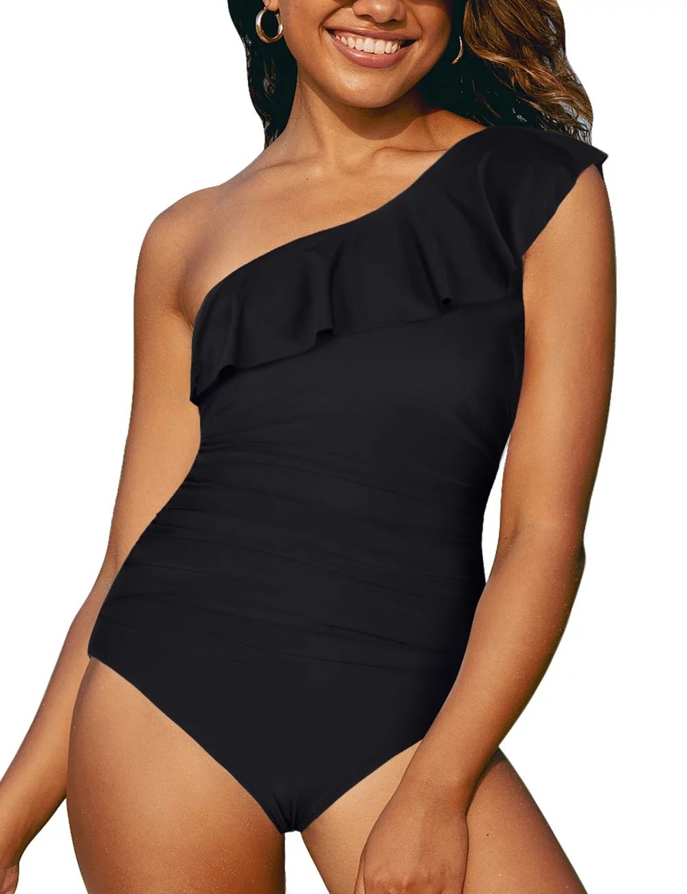 Hilor Womens One Piece Swimsuits One Shoulder Swimwear Asymmetric Ruffle Monokinis Bathing Suits | Walmart (US)
