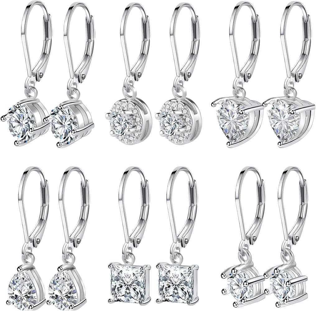 6 Pairs Cubic Zirconia Earrings Dangle for Women Leverback Drop Earrings | Amazon (US)