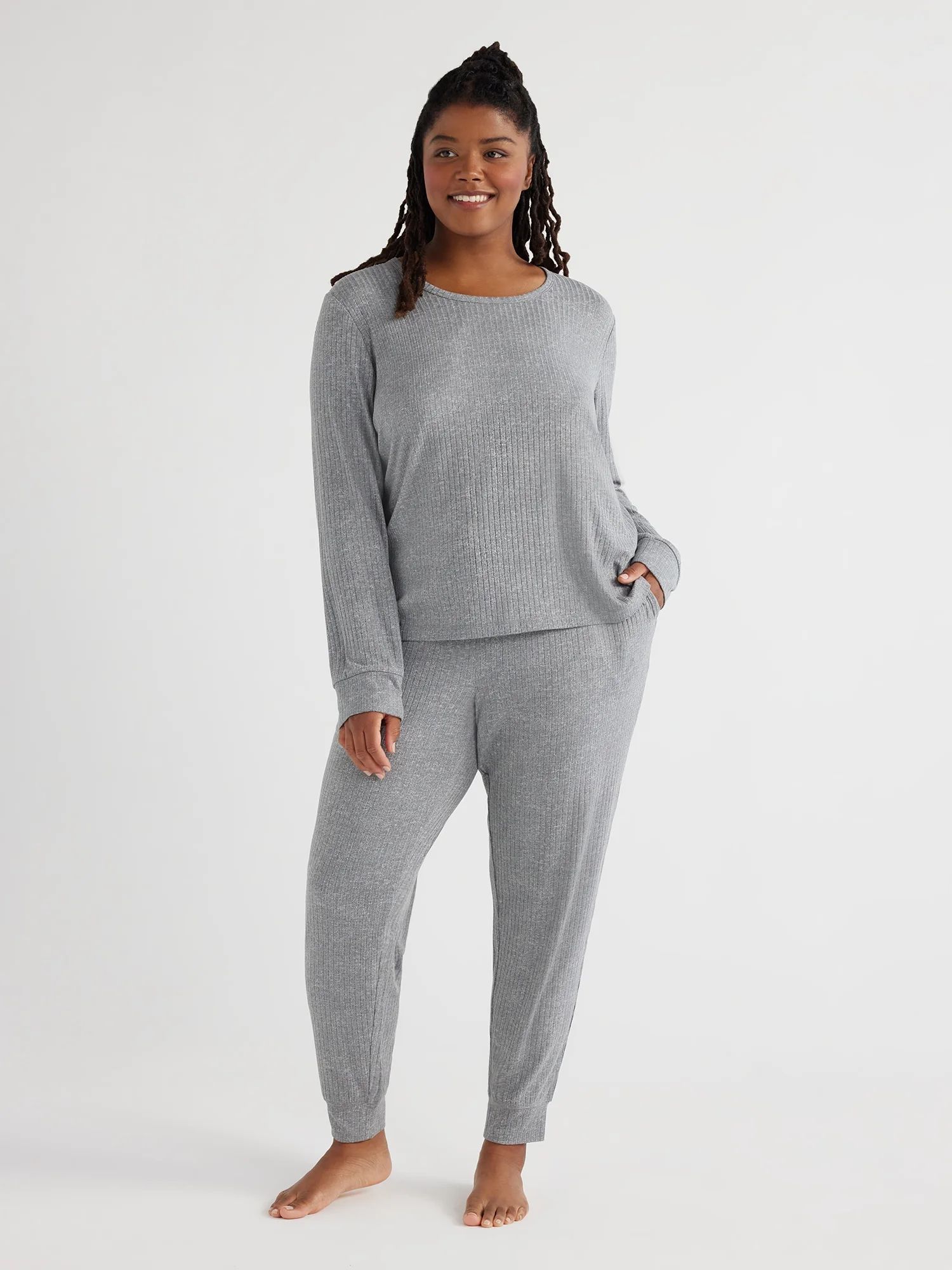 Joyspun Women’s Ribbed Top and Pants Pajama Set, Sizes S-3X - Walmart.com | Walmart (US)