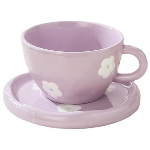 Disoza Coffee Mugs Set with Saucer Cute Purple Flowers Cup Gifts for Women for Birthday Tea Coffee Mug Saucer 250 ML Ceramic Cup Birthday Gift for Women Girls Mom Friend Coffee Mug aucer Set | Amazon (US)
