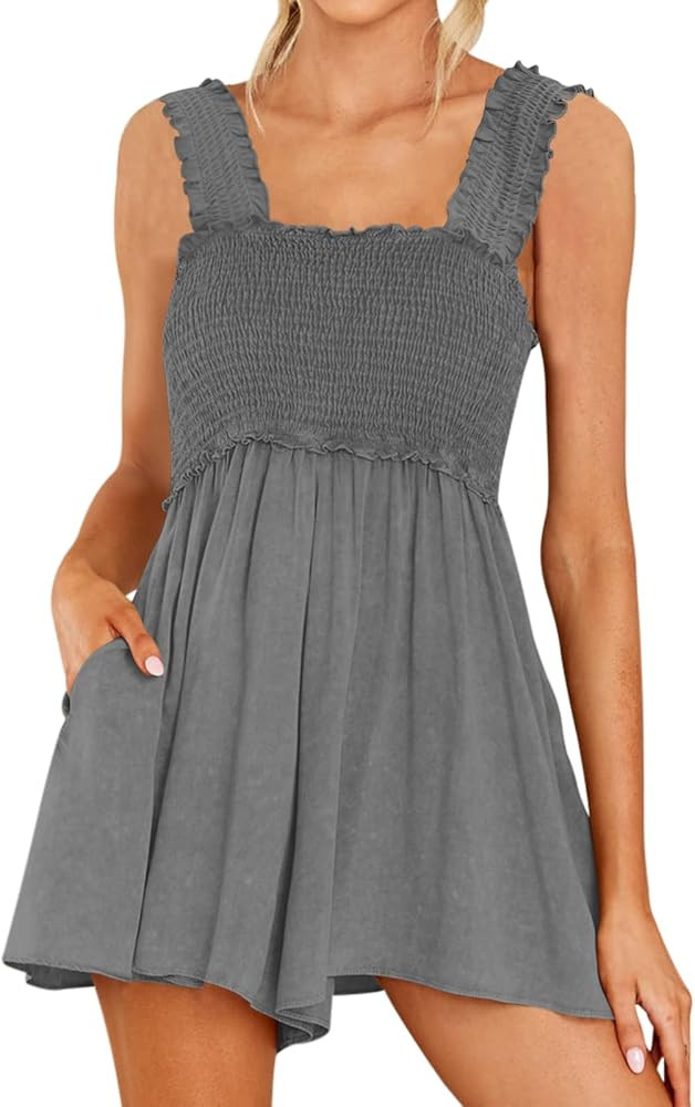 DEEP SELF Women Summer Sleeveless Romper Square Collar Ruffle Straps Flowy Short Jumpsuit with Po... | Amazon (US)