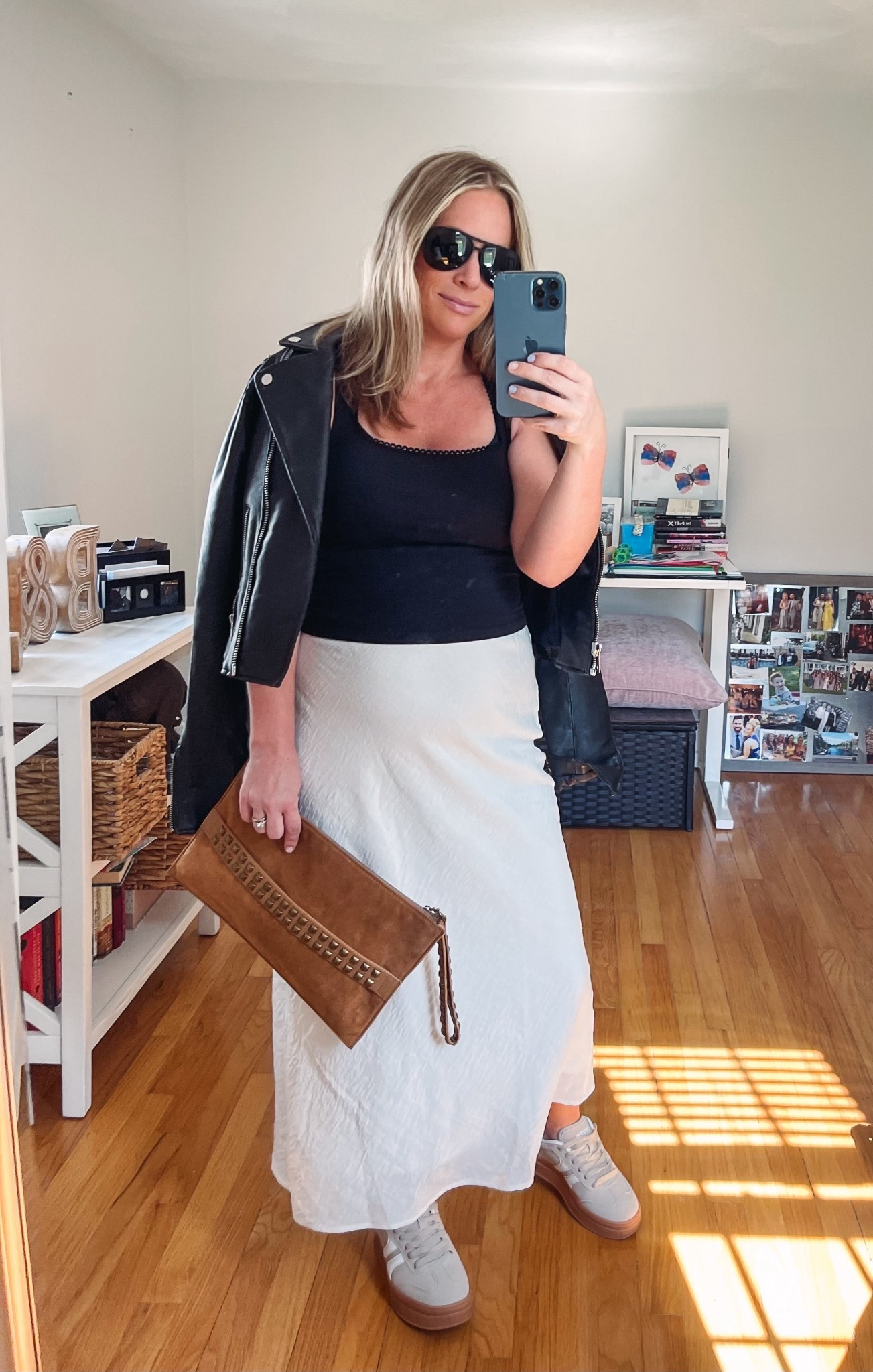 Day to Night outfit 
White midi skirt - bump friendly!! 
Eyelet trim square neck top 
Vegan leather jacket 
Faux sambas - tan sneakers 
Black aviators 
Tan clutch 
Dinner date night girls night 

#LTKPetite #LTKBump #LTKSaleAlert