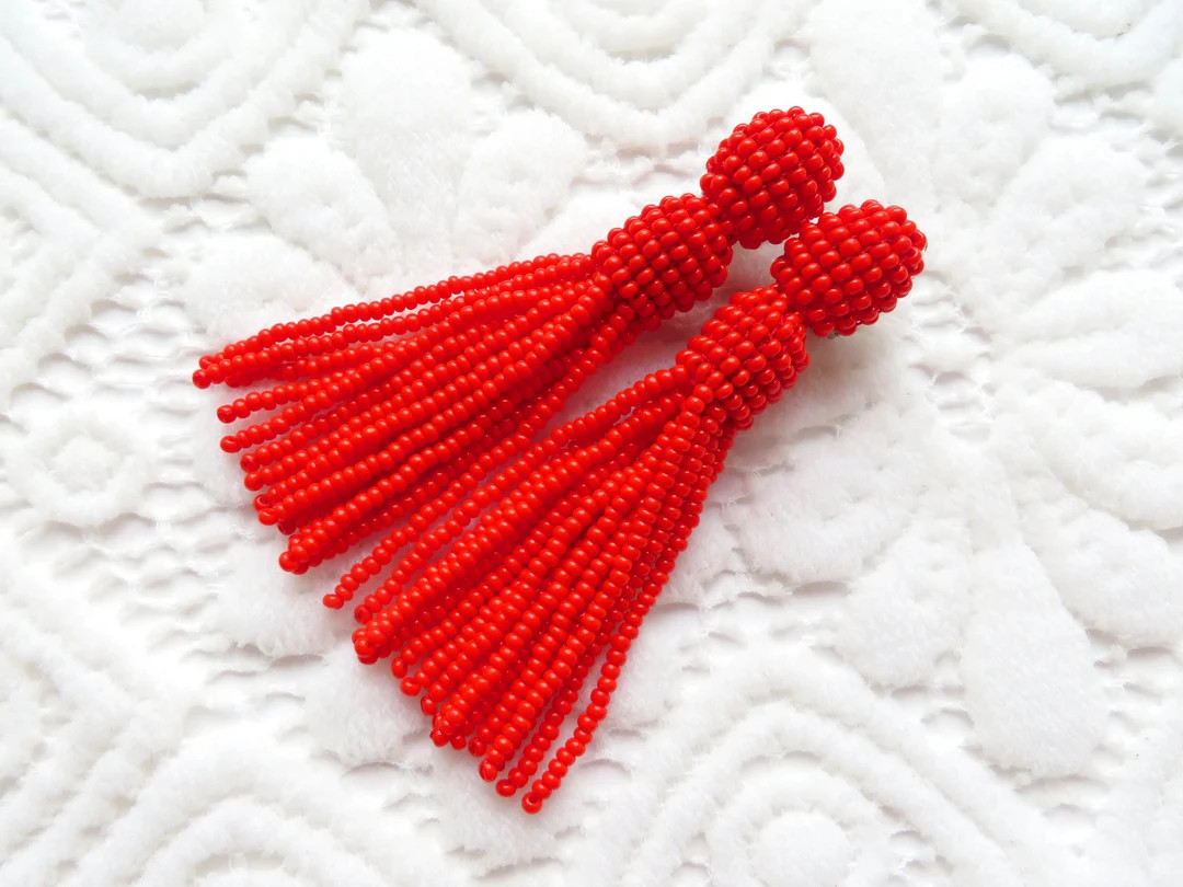 Long Red Beaded Tassel Earrings Oscar Earrings Red Clip on Tassel Earrings Oscar De La Renta Earr... | Etsy (US)