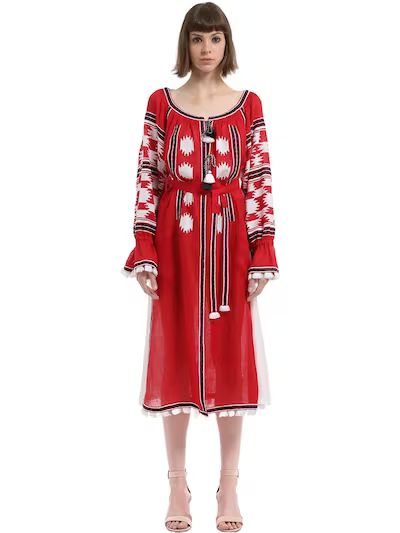 VITA KIN, Stardust embroidered linen midi dress, Red, Luisaviaroma | Luisaviaroma