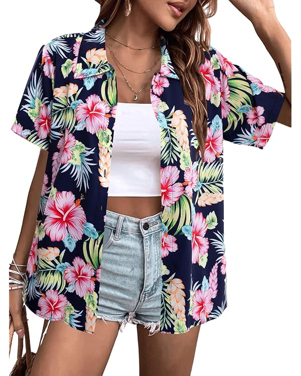 MYHALF Women Hawaiian Shirt Soft Cool Summer Hawaii Shirts Floral Tropic Print V Neck T-Shirt Sho... | Amazon (US)