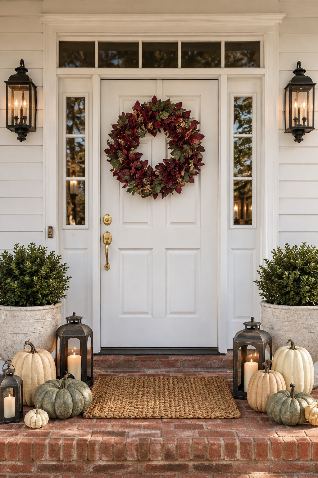 Elegant fall front door. Front door decor. Outdoor front door lights. Outdoor sconce. Fall wreath.  Outdoor planter. Decorative pumpkins. Heirloom pumpkins. Coir doormat. Home decor. Amazon decor. Target decor. Burgundy wreath. Fake pumpkin. Realistic faux pumpkins. Green pumpkin. Cream pumpkins. Lanterns

#LTKSeasonal #LTKSaleAlert #LTKHome