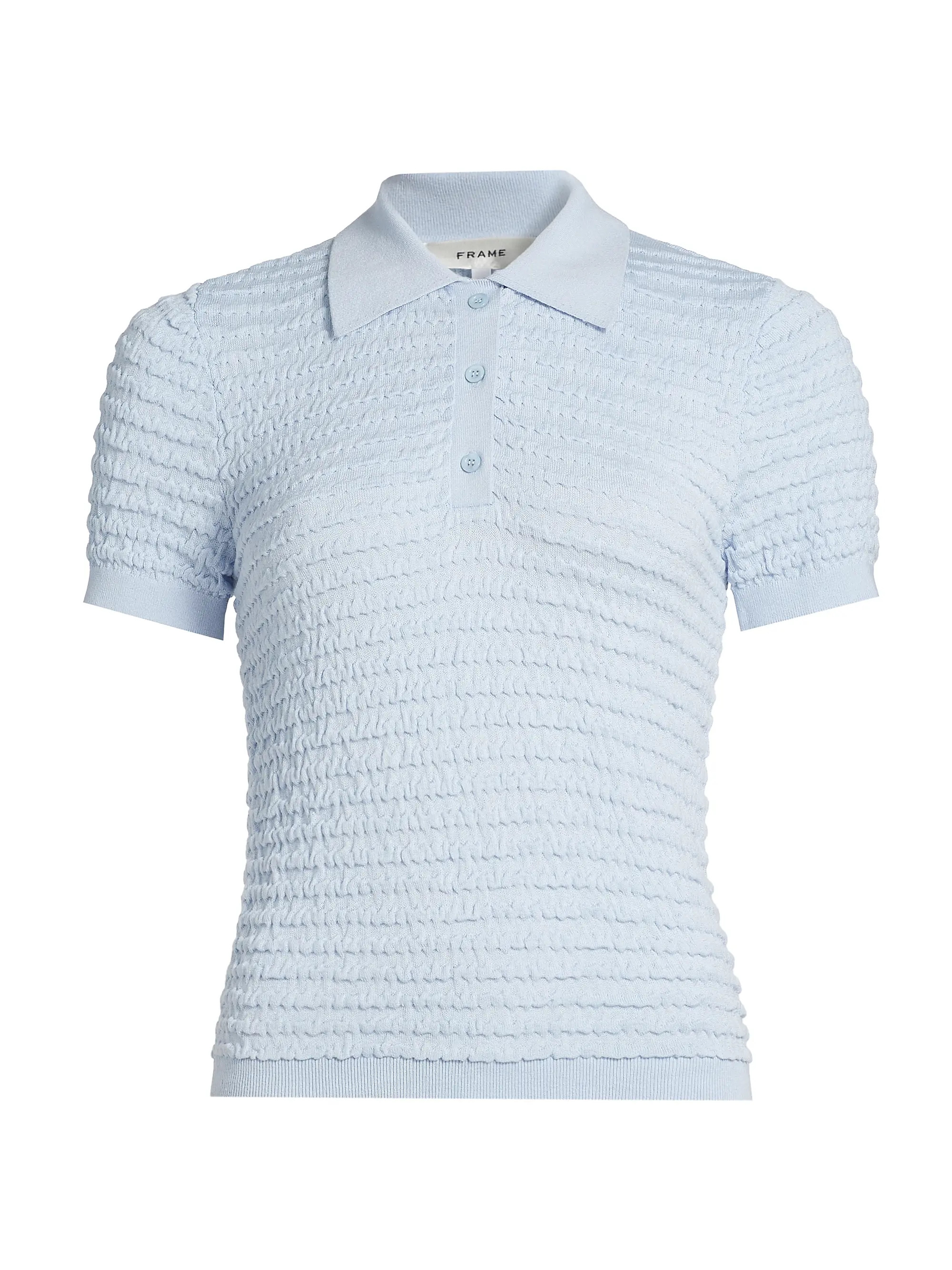 Frame Smocked Silk-Cotton Knit Polo Sweater | Saks Fifth Avenue | Saks Fifth Avenue