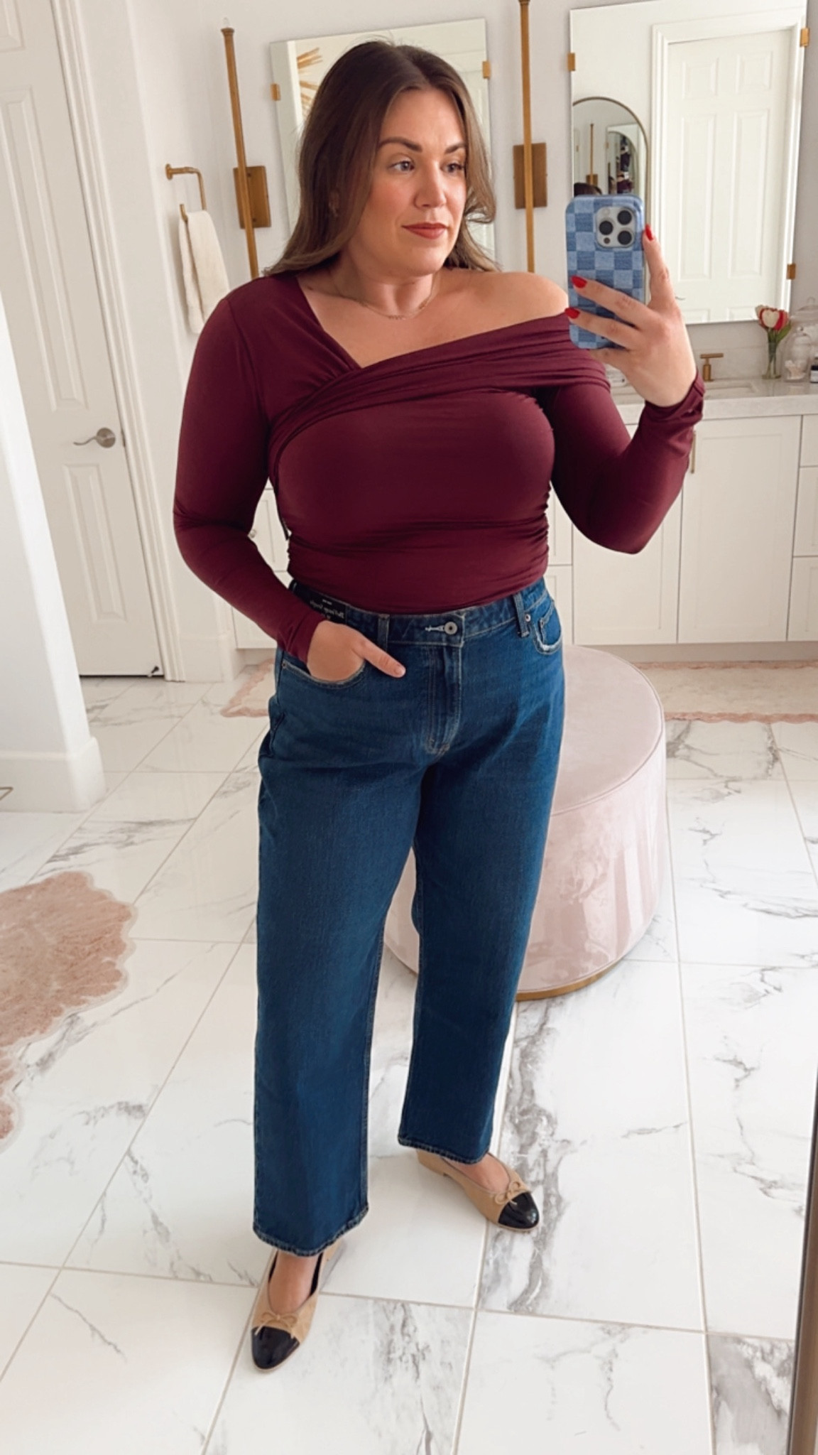 curvy fall outfit! wearing size large in burgundy asymmetrical off the shoulder top and size 32 in dark denim (need the 31 though!) 

#LTKSeasonal #LTKFindsUnder100 #LTKMidsize