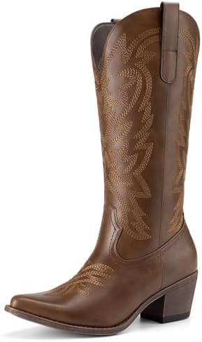 Athlefit Cowboy Cowgirl Boots for Women Fashion Low Chunky Heel Snip Toe Embroidery Western Mid C... | Amazon (US)