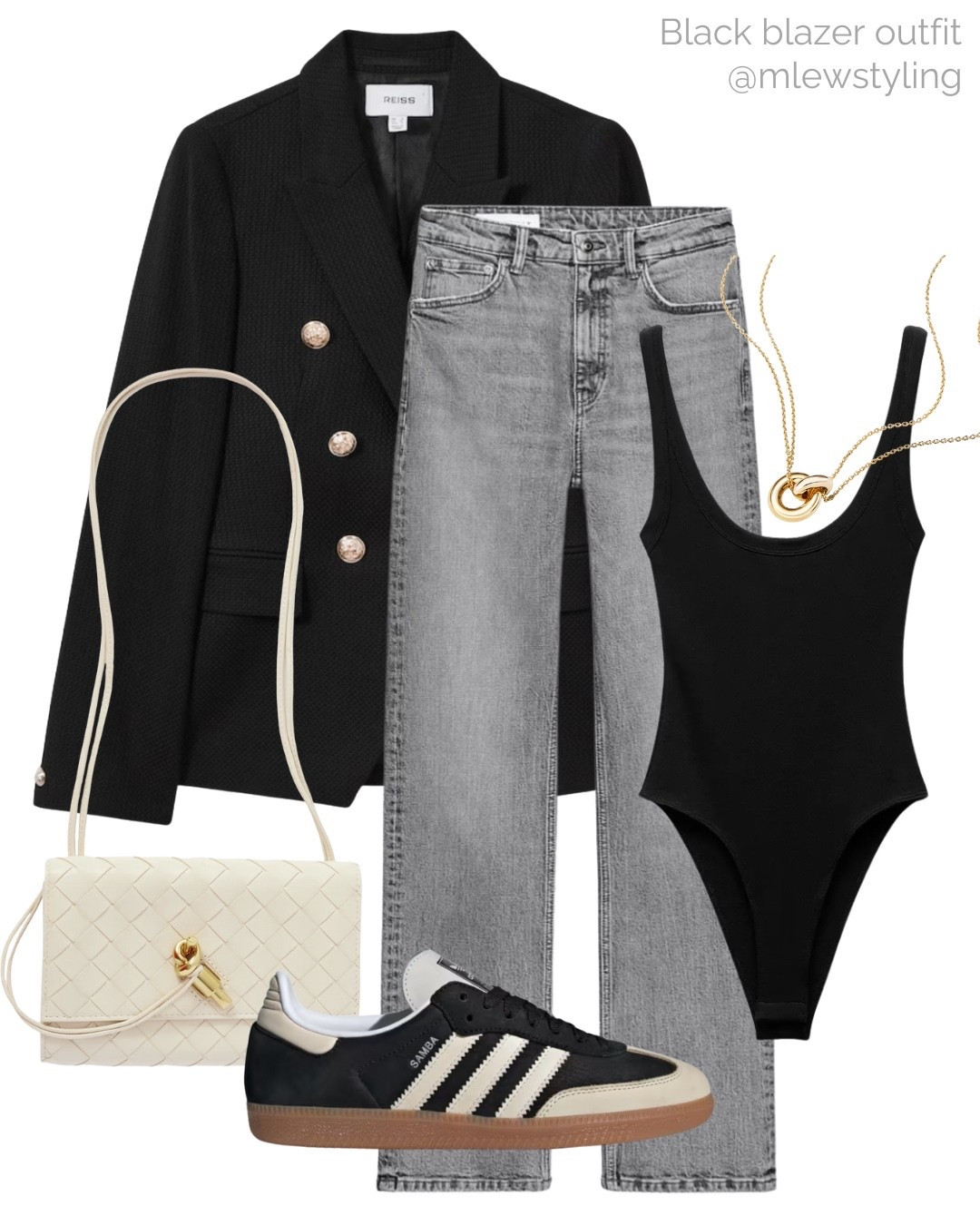 Black blazer outfit with grey straight leg jeans 🩶

Tags: adidas samba sneakers, Zara denim, tank bodysuit, bottega veneta bag, casual workwear, fall outfit, office look, autumn fashion, neutral aesthetic, Mejuri necklace, reiss blazer 

#LTKItBag #LTKWorkwear #LTKShoeCrush