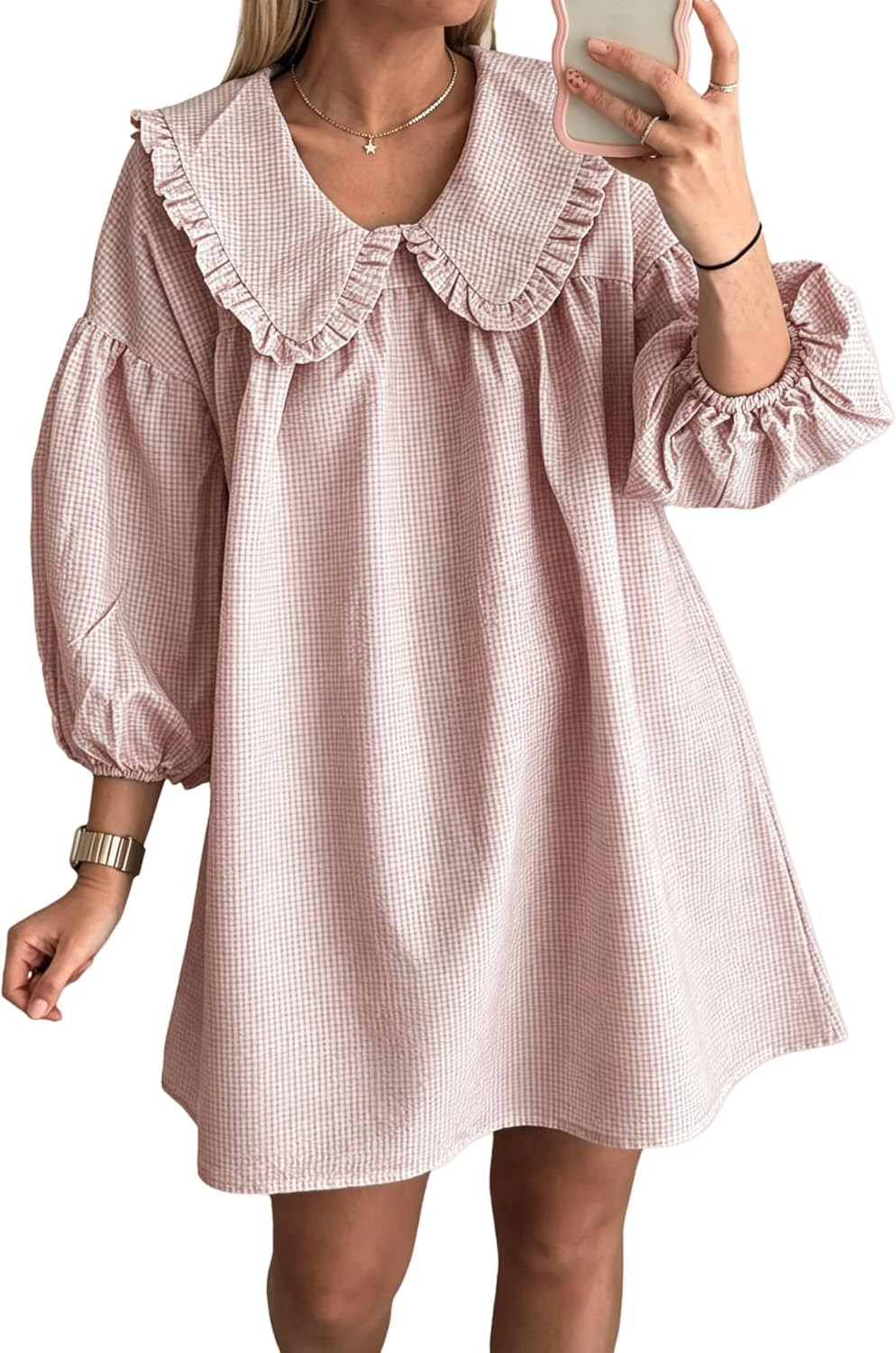 Women's Gingham Mini Dress 3/4 Puff Sleeve Babydoll Doll Collar | Amazon (US)
