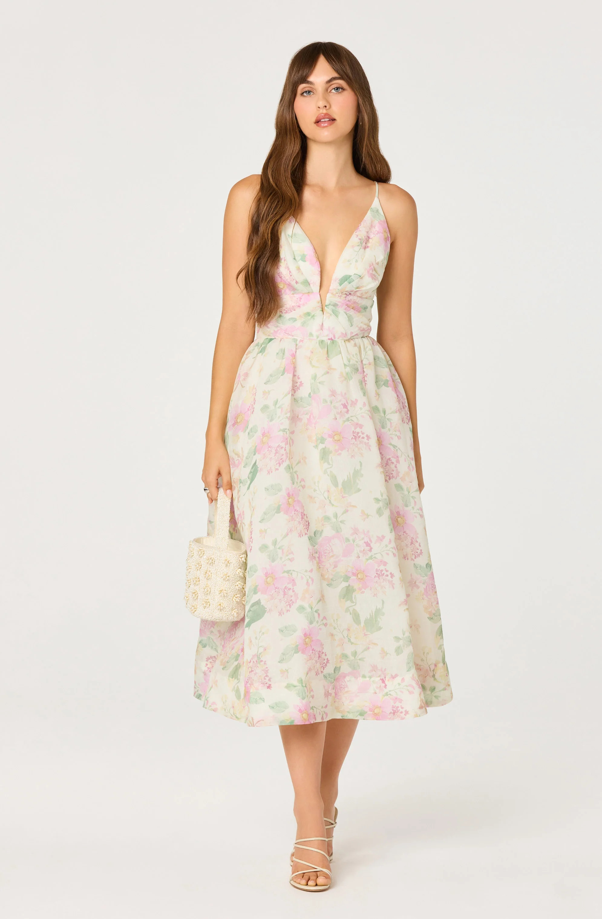 Janna Floral Plunge Midi Dress - Pink ivory floral / XS | ASTR The Label (US)