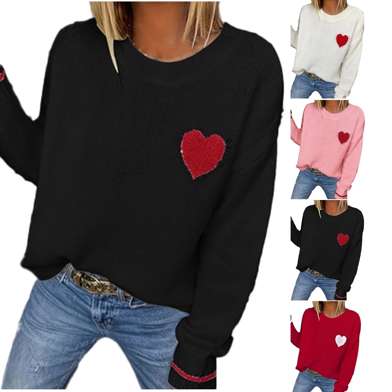 yillto Womens Valentine's Day Sweaters Heart Printed Knit Long Sleeve Tops Round Neck Pullover Sw... | Walmart (US)