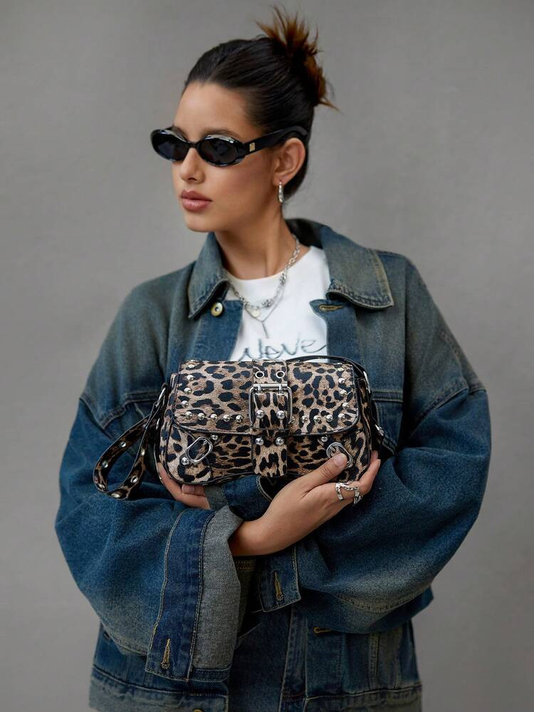 DareSee Fashion Contrasting Leopard Print Rivet Decoration Punk Underarm Foreskin Buckle Flip Shoulder Bag, Suitable For Shopping, Wallets, Shopping, Young Women, College Students, Newcomers, White-Collar Workers. They Are Very Suitable For Offices, Universities, Work, Business, Commuting, Outdoor Activities, Travel, And Outings Gifts | SHEIN