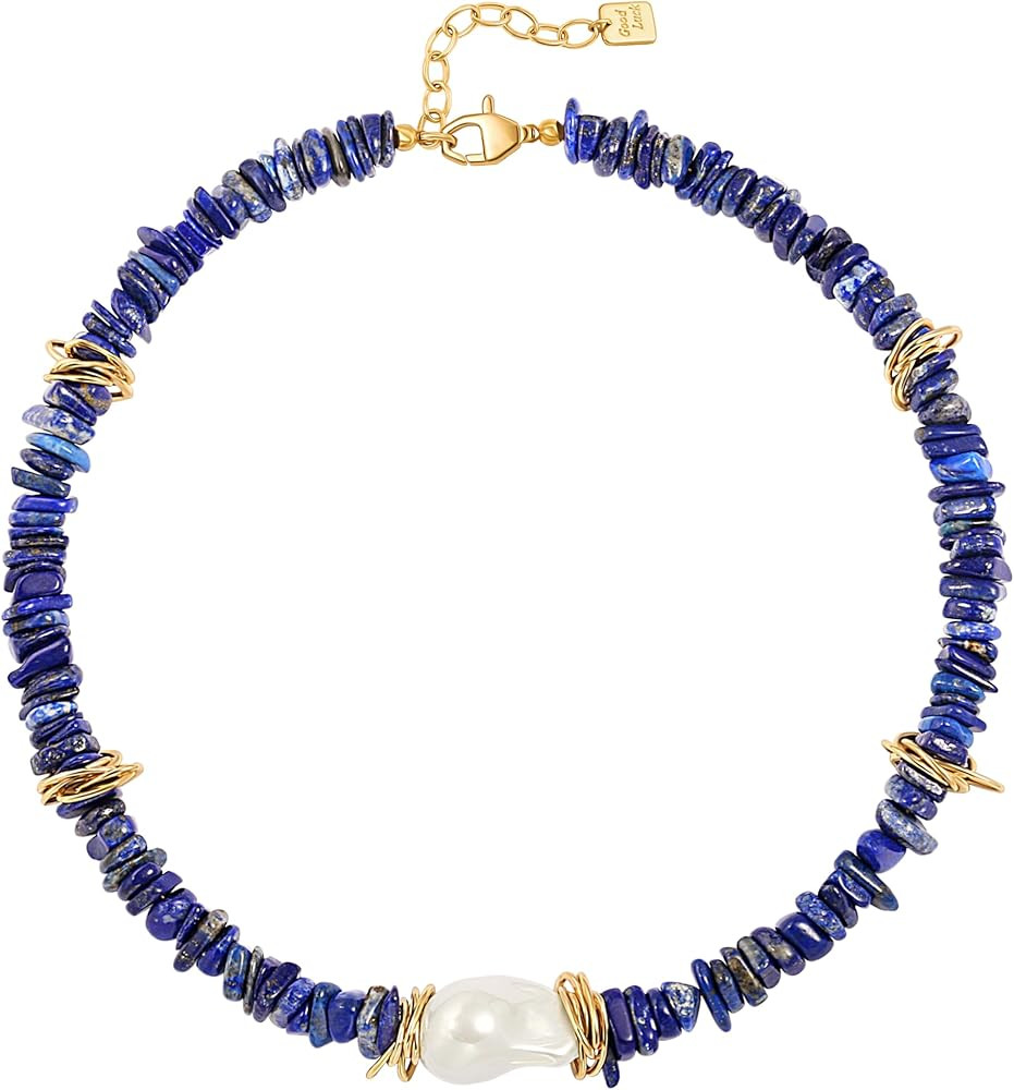 Chunky Statement Stone Beaded Necklace, Big Baroque Pearl Gold Choker, Trendy Boho Colorful Stone... | Amazon (US)