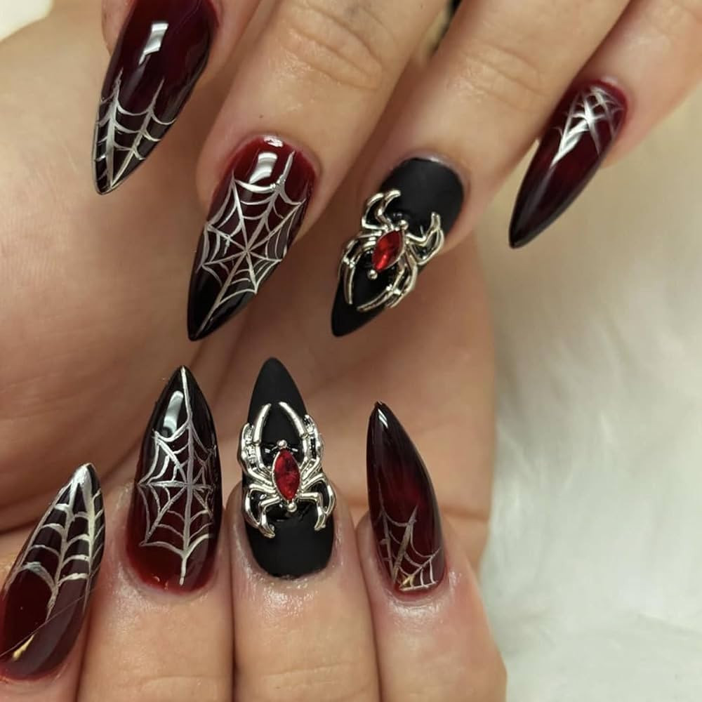 24PCS Almond Press on Nails Halloween Medium Almond Fake Nails with 3D Spider Rhinestones Designs... | Amazon (US)