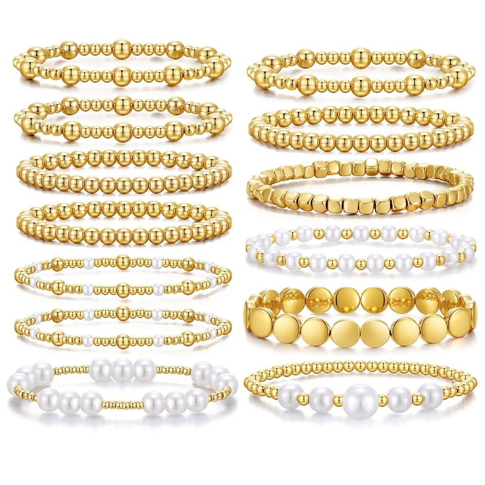 KISS WIFE Gold Bracelets for Women Gold Bracelet Stack Pearl Beaded Bracelets for Women Strand Be... | Amazon (US)