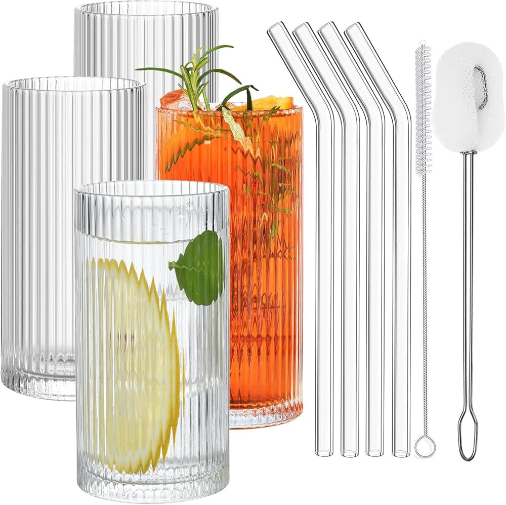 ALINK Glass Cups with Straws, 12 OZ Ribbed Glassware Drinking Glasses Set of 4, Fluted Iced Coffe... | Amazon (US)