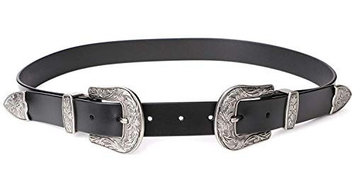 JASGOOD Double Buckle Western Belts For Woman Cowgirl Country Belt Vintage Black Leather Belt For Jeans Pants Dresses | Amazon (US)