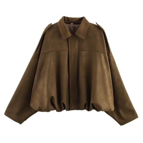 CUFEZN Women's Faux Suede Bomber Jacket Oversized Streetwear Casual Lapel Long Sleeve Motorcycle Jacket 2025 Fall Trendy Y2k Going Out Coat Brown Medium | Amazon (US)