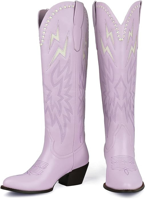 KISSASA Cowboy Boots for Women Knee High Cowgirl Boots Pull On Lightning Embroidered Pointed Toe ... | Amazon (US)