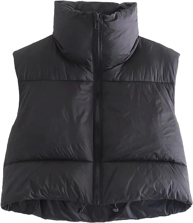Kissonic Women's Padded Down Vest Puffer Stand Collar Zip Up Crop Sleeveless Jacket | Amazon (US)