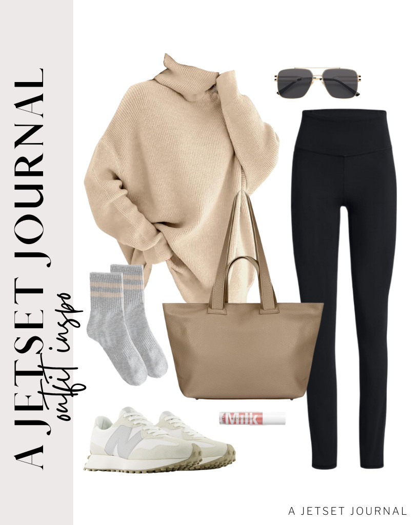 Have your buttery-soft leggings and a beige turtleneck sweater ready for this outfit, perfect for chilly mornings or sunset runs. You can wear a pair of New Balance sneakers for extra comfort and bring your leather tote bag for your essentials. 

 #LTKSeasonal #LTKSaleAlert #LTKTravel