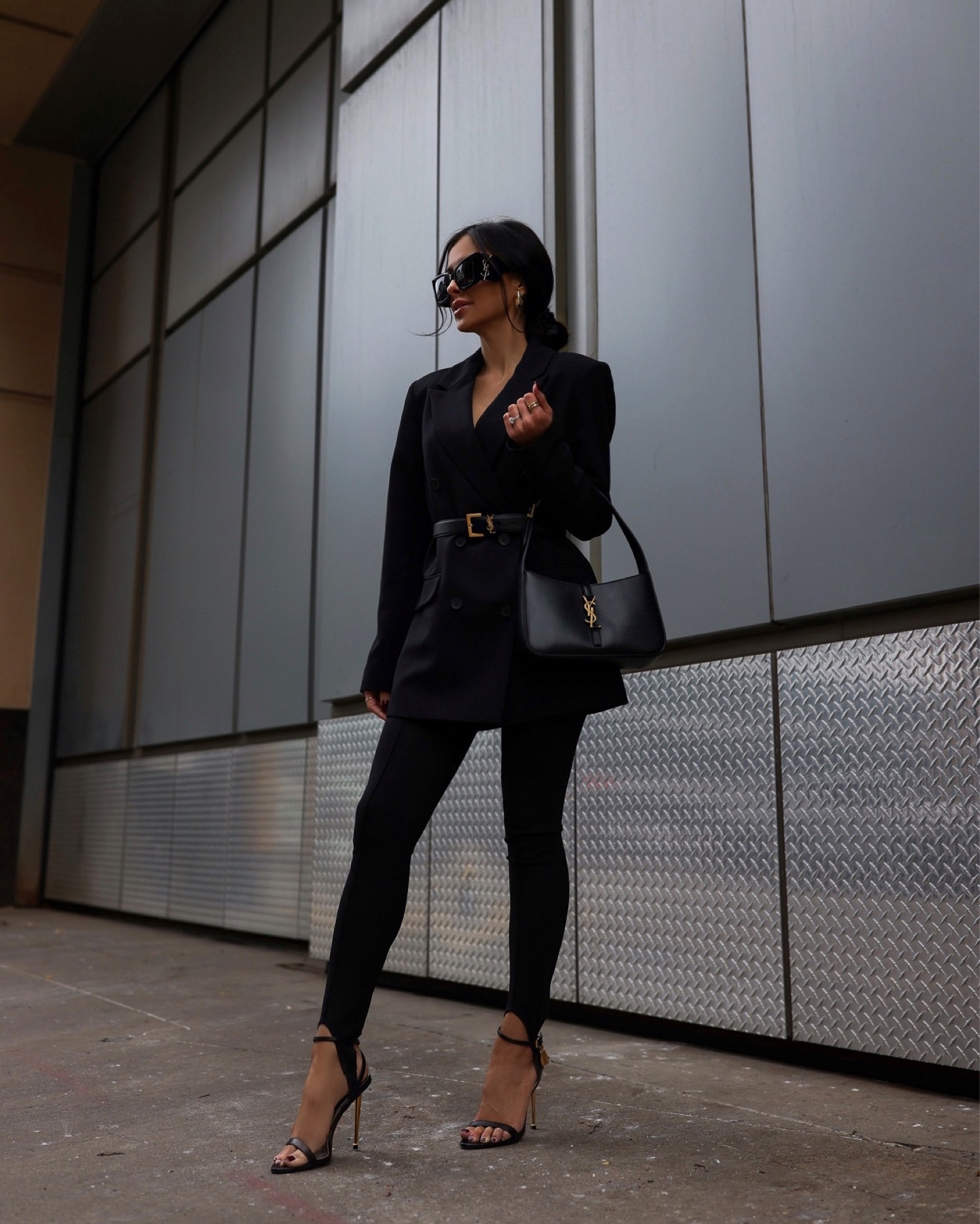 Fall date night attire / fall workwear
Nordstrom black double breasted blazer wearing an XS
Mango black stirrup leggings wearing an XS
Saint Laurent hobo bag
Saint Laurent logo sunglasses
Saint Laurent YSL belt wearing a size 75 
Amazon Bottega similar earrings 



#LTKfindsunder100 #LTKworkwear #LTKHoliday