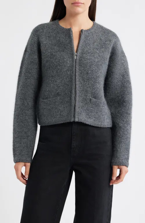FRAME Lofty Crochet Detail Wool & Cashmere Zip Cardigan in Dark Heather Grey at Nordstrom, Size Medium | Nordstrom