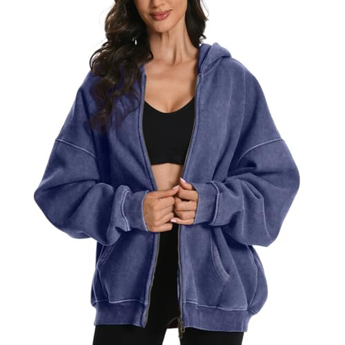 FAIABLE Womens Mens Zip Up Hoodie Oversized Acid Wash Hoodies Heavyweight Distress Cotton Fleece Zipper Hoodie Vintage Zip Washed Hoodie Blue | Amazon (US)