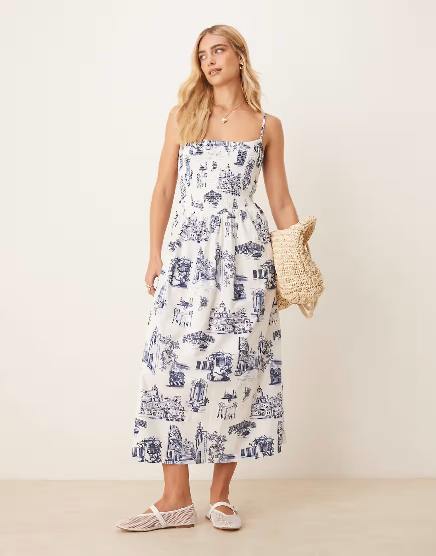 Abercrombie & Fitch dipped waist smocked poplin midi dress in blue and white print-Yellow | ASOS (Global)