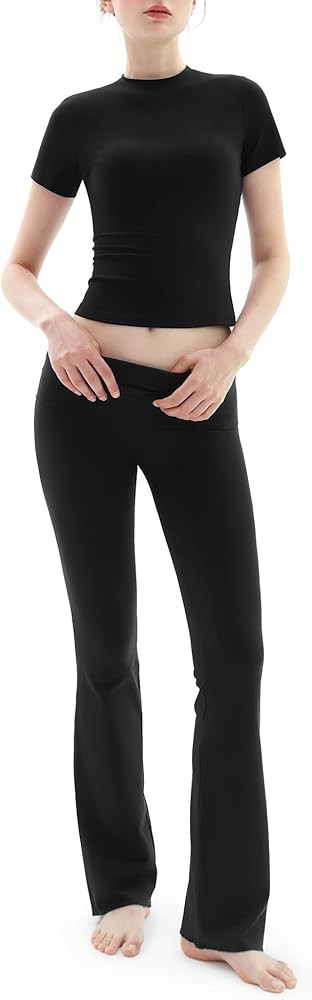 PUMIEY Women's 2 Piece Lounge Sets Short Sleeve Tops Fold-Over Flare Pants Casual Outfits Pajama ... | Amazon (US)