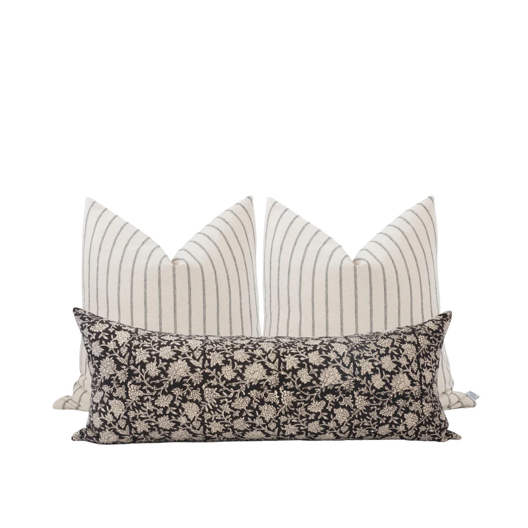 Neutral Pillow Cover Combo Stripe Pillow Combo Floral Long Lumbar Extra Long Lumbar Bed Pillow Se... | Etsy (US)