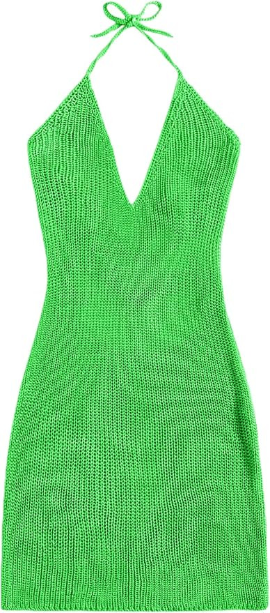 MakeMeChic Women's Sleeveless Halter Tie Back Knitted Swim Beach Cover Up Dress | Amazon (US)