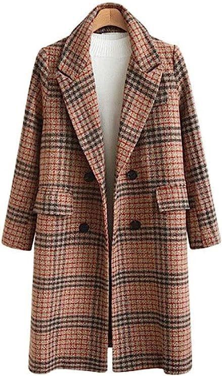 CHARTOU Women's Winter Oversize Lapel Collar Woolen Plaid Double Breasted Long Peacoat Jacket | Amazon (US)