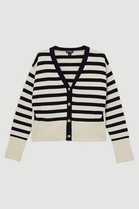 Cotton V Neck Knit Boxy Striped Cardigan | Karen Millen US