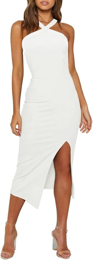Owin Women 2026 Sexy Halter Cocktail Wedding Guest Dresses High Waist Bodycon Side Split Formal P... | Amazon (US)