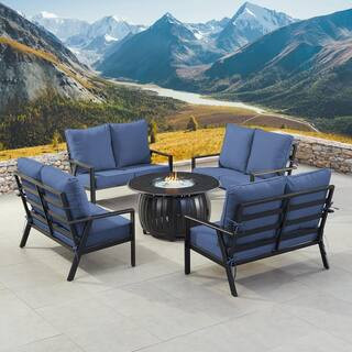 Black 7-Piece Aluminum Patio Fire Pit with 4-Deep Seating Loveseat Blue Cushions | The Home Depot