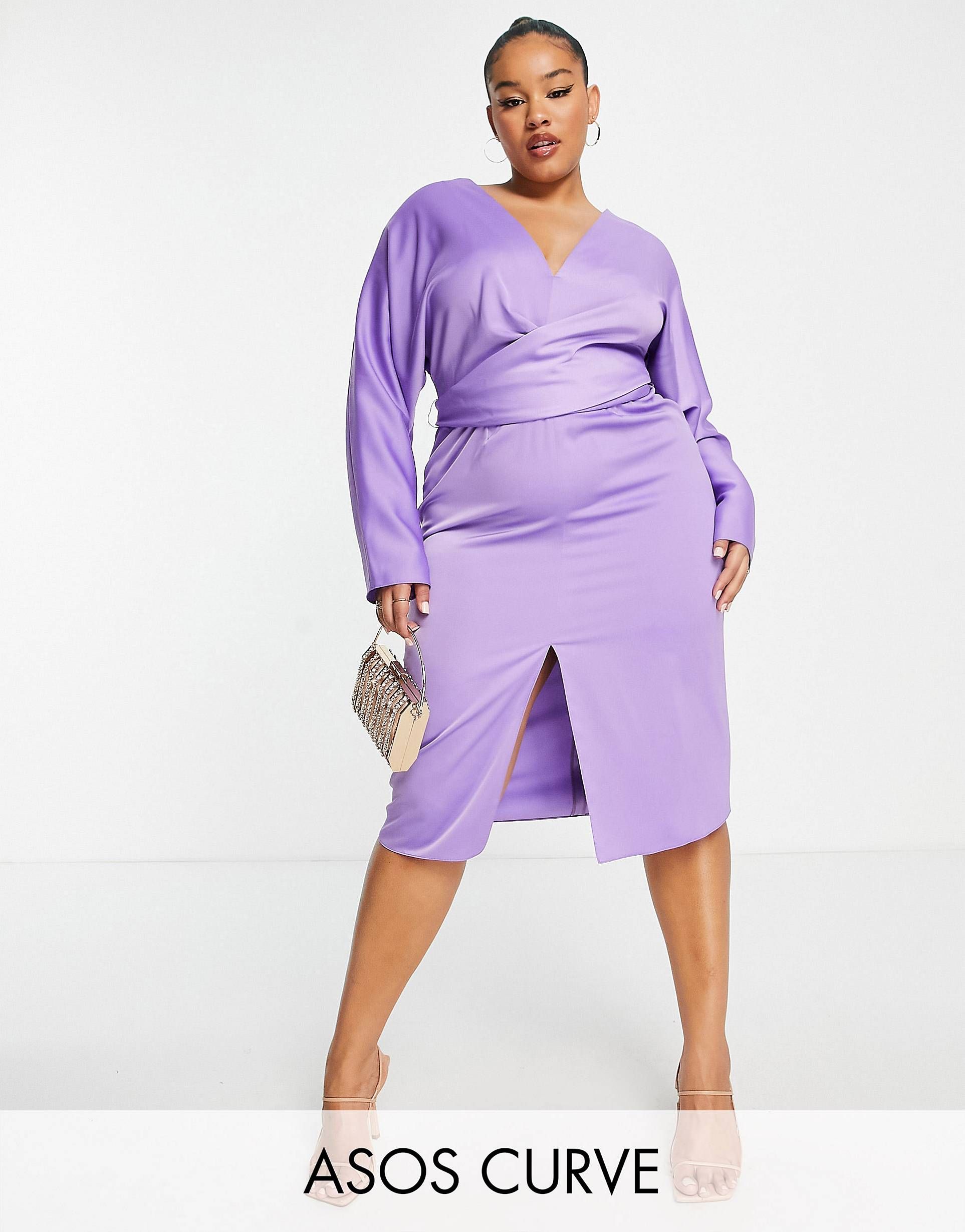 ASOS DESIGN Curve midi dress with batwing sleeve and wrap waist in lilac satin | ASOS (Global)