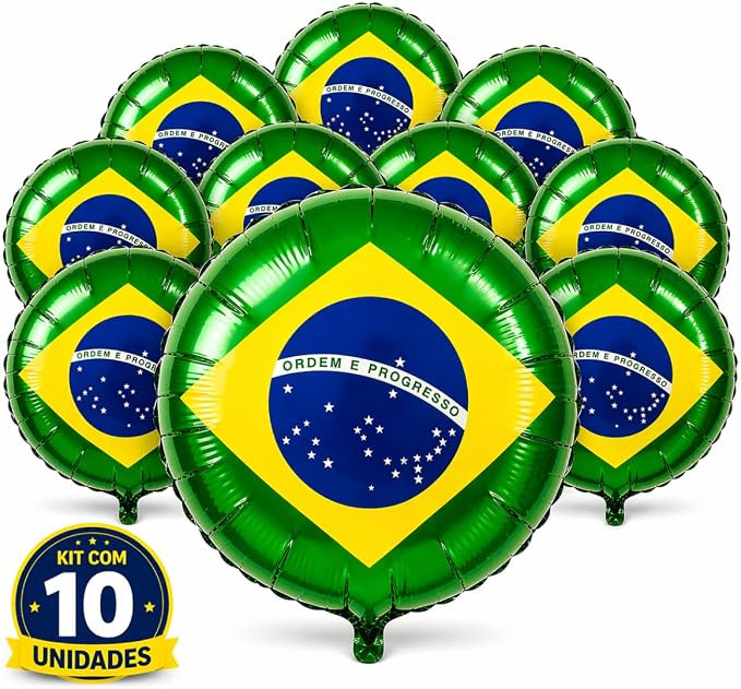 Balão Bandeira do Brasil 24" 60cm Metalizado Redondo Kit 10 Unidades Grande Decoração Futebol ... | Amazon (BR)