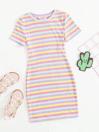 SHEIN Kids EVRYDAY Girls Slit Hem Colorful Striped Rib-knit Dress | SHEIN