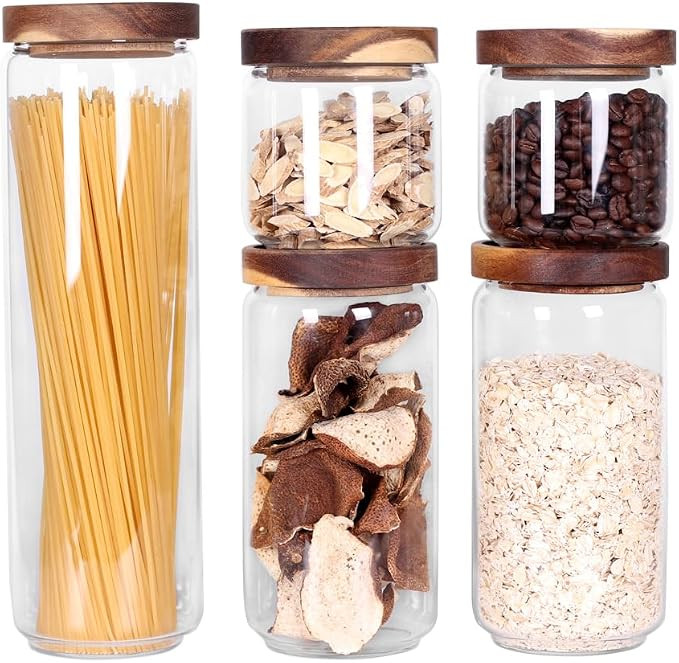 SAIOOL Set of 5 Kitchen Canisters,Thick, Stackable, Natural Style,Cookie, Rice and Spice Jars - S... | Amazon (US)