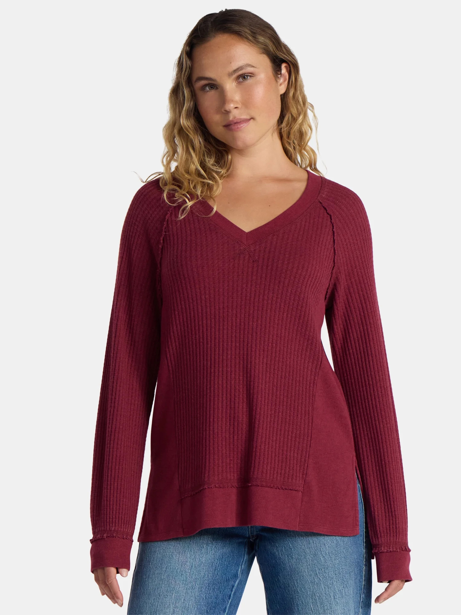 Time and Tru Women's and Women's Plus V Neck Tunic Sweatshirt with Long Sleeves, Sizes XS-4X | Walmart (US)