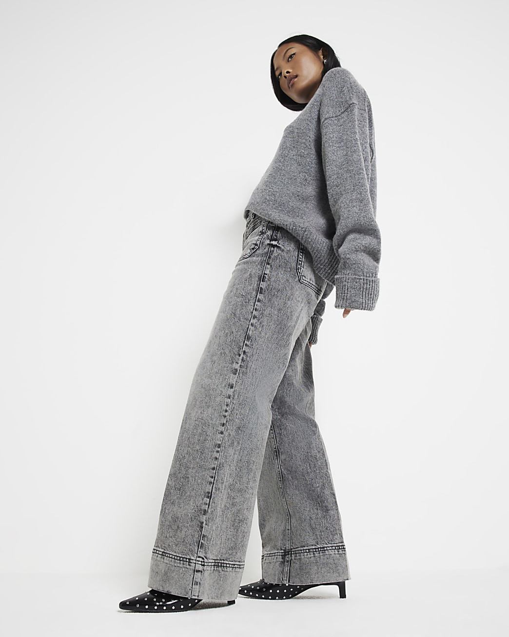 Petite Grey High Waisted Wide Leg Jeans | River Island UK & IE